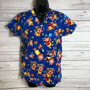 All heart Blue Christmas Scrub Top Reindeer XSM